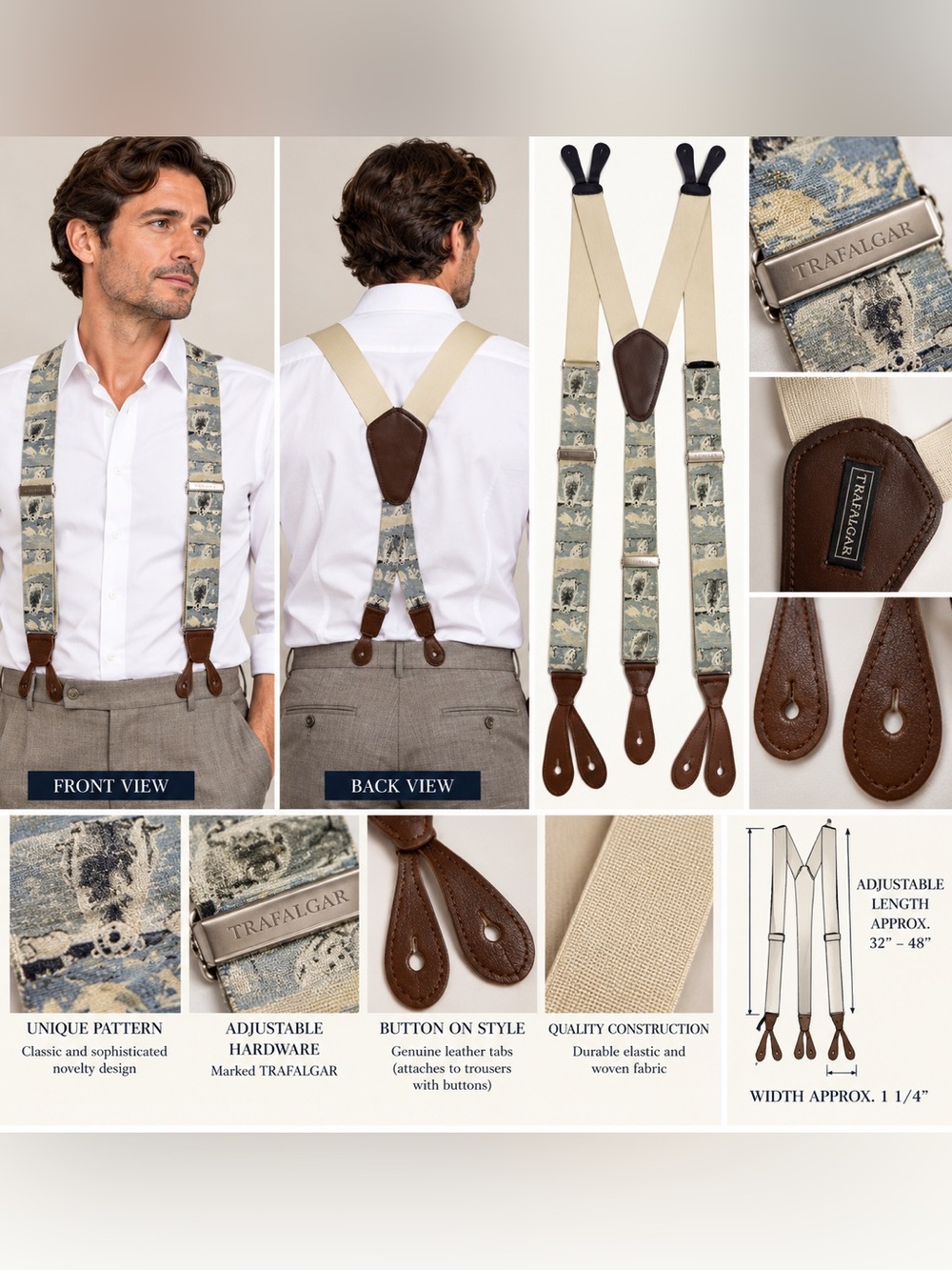 Trafalgar Men’s Button Suspenders Braces Cream Blue Gray Novelty Pattern Leather